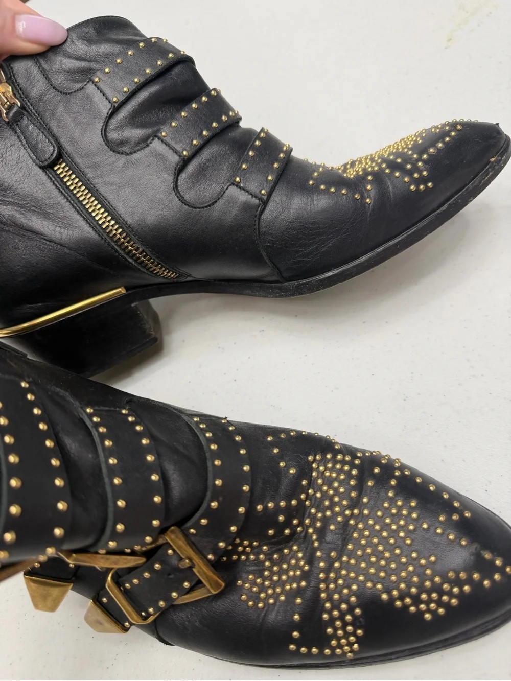 Chloé Susanna Black Studded Leather Ankle Boots Buckle Moto EU 39